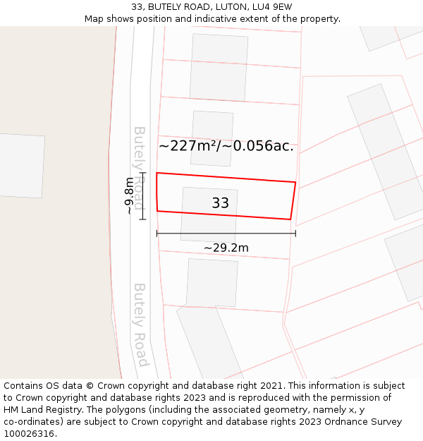 33, BUTELY ROAD, LUTON, LU4 9EW: Plot and title map
