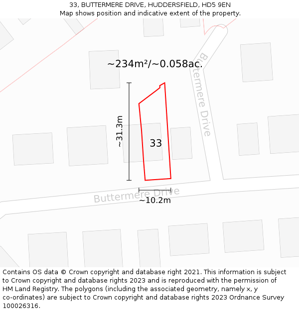 33, BUTTERMERE DRIVE, HUDDERSFIELD, HD5 9EN: Plot and title map