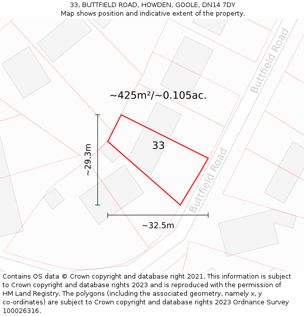 33, BUTTFIELD ROAD, HOWDEN, GOOLE, DN14 7DY: Plot and title map
