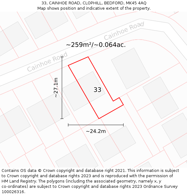 33, CAINHOE ROAD, CLOPHILL, BEDFORD, MK45 4AQ: Plot and title map