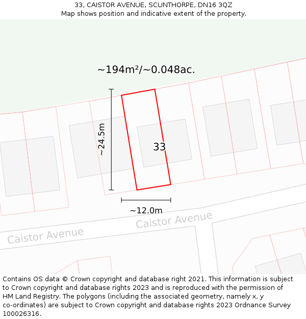 33, CAISTOR AVENUE, SCUNTHORPE, DN16 3QZ: Plot and title map