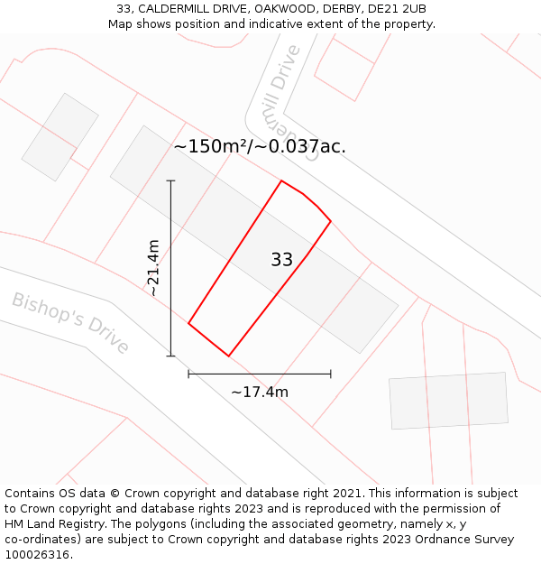33, CALDERMILL DRIVE, OAKWOOD, DERBY, DE21 2UB: Plot and title map