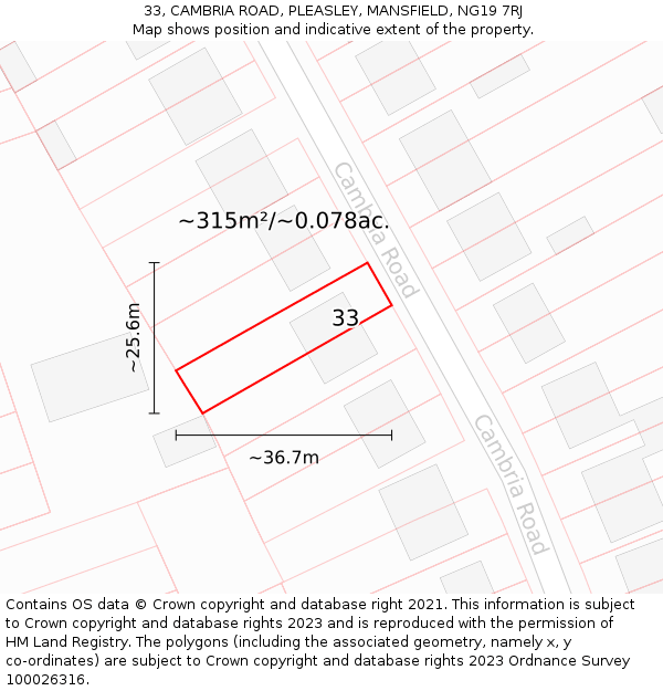 33, CAMBRIA ROAD, PLEASLEY, MANSFIELD, NG19 7RJ: Plot and title map