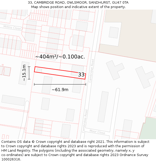 33, CAMBRIDGE ROAD, OWLSMOOR, SANDHURST, GU47 0TA: Plot and title map