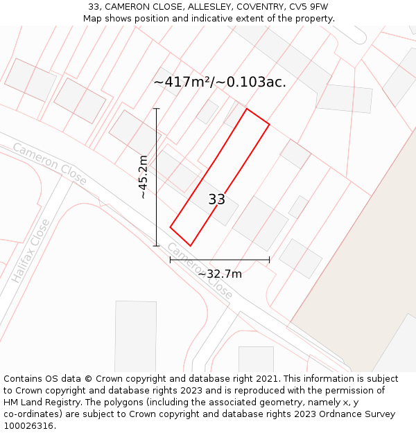 33, CAMERON CLOSE, ALLESLEY, COVENTRY, CV5 9FW: Plot and title map