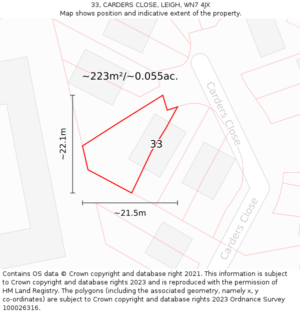 33, CARDERS CLOSE, LEIGH, WN7 4JX: Plot and title map
