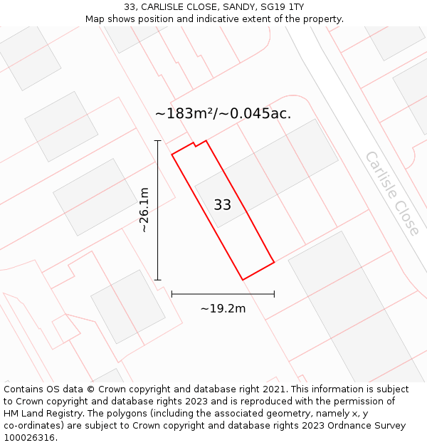 33, CARLISLE CLOSE, SANDY, SG19 1TY: Plot and title map