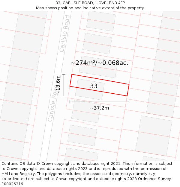 33, CARLISLE ROAD, HOVE, BN3 4FP: Plot and title map