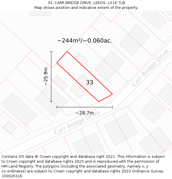 33, CARR BRIDGE DRIVE, LEEDS, LS16 7LB: Plot and title map