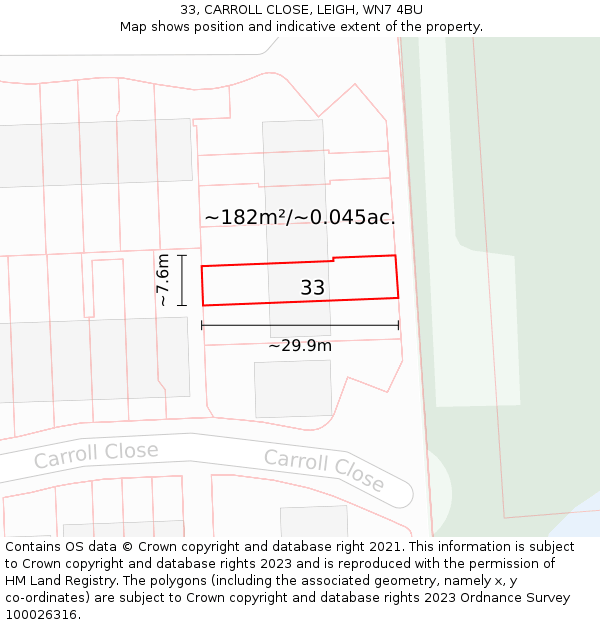 33, CARROLL CLOSE, LEIGH, WN7 4BU: Plot and title map