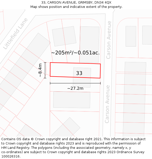 33, CARSON AVENUE, GRIMSBY, DN34 4QX: Plot and title map