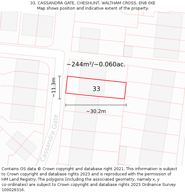 33, CASSANDRA GATE, CHESHUNT, WALTHAM CROSS, EN8 0XE: Plot and title map