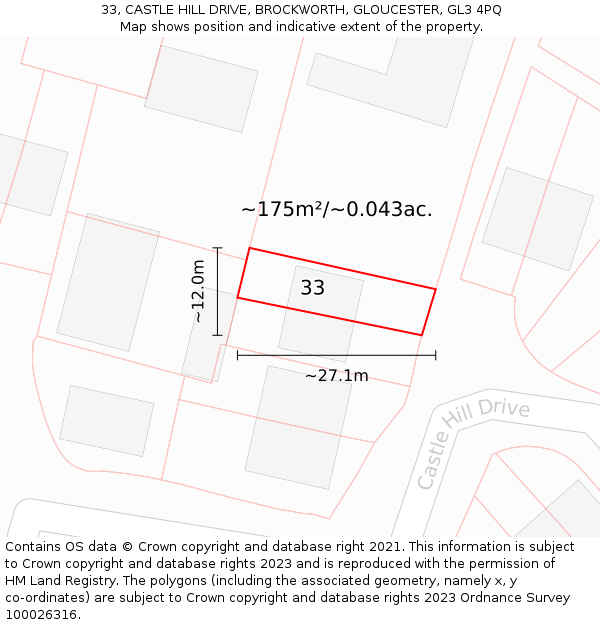 33, CASTLE HILL DRIVE, BROCKWORTH, GLOUCESTER, GL3 4PQ: Plot and title map
