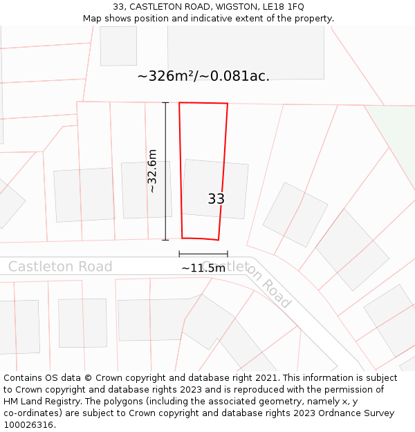 33, CASTLETON ROAD, WIGSTON, LE18 1FQ: Plot and title map