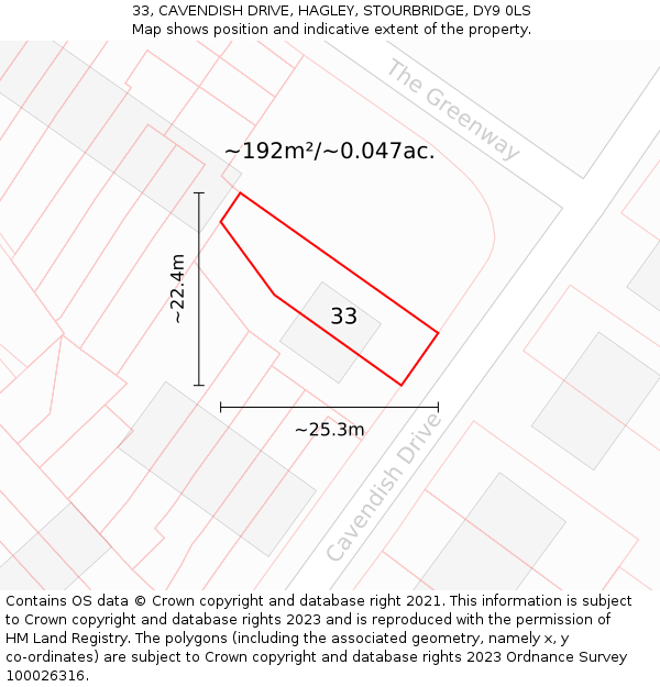 33, CAVENDISH DRIVE, HAGLEY, STOURBRIDGE, DY9 0LS: Plot and title map