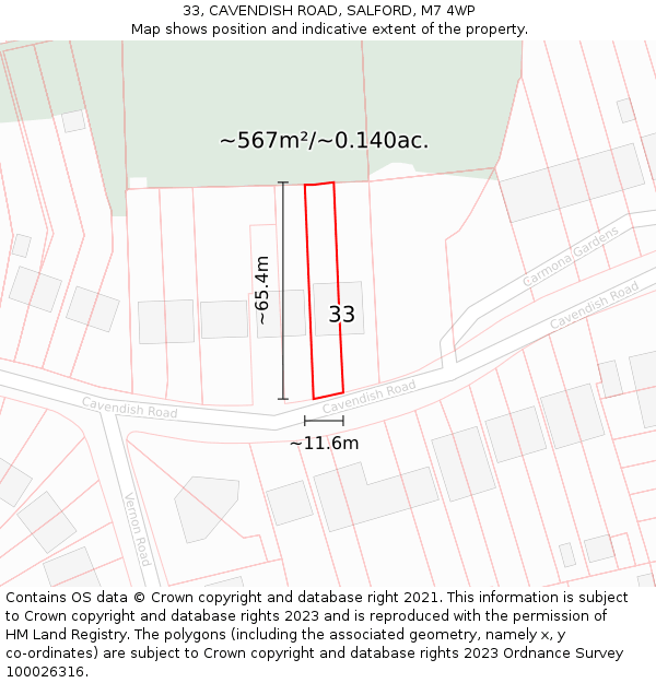 33, CAVENDISH ROAD, SALFORD, M7 4WP: Plot and title map