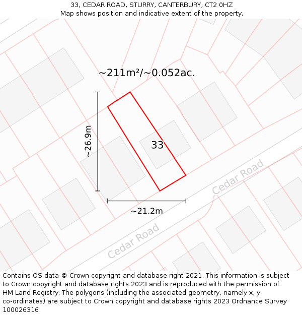 33, CEDAR ROAD, STURRY, CANTERBURY, CT2 0HZ: Plot and title map