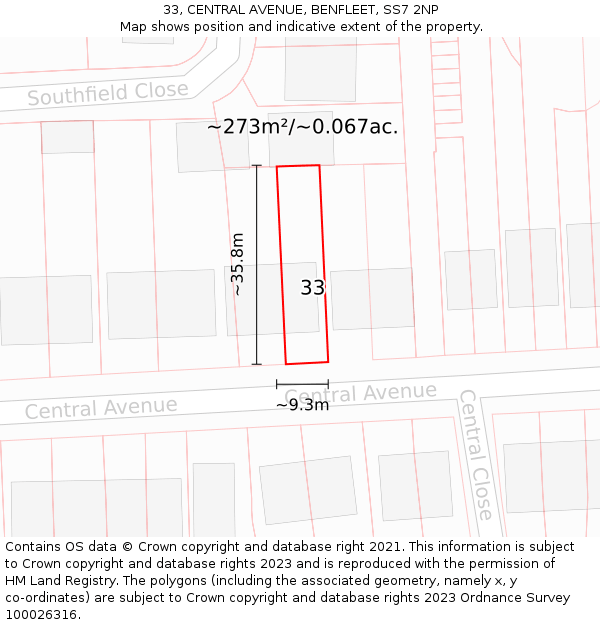 33, CENTRAL AVENUE, BENFLEET, SS7 2NP: Plot and title map