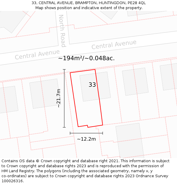 33, CENTRAL AVENUE, BRAMPTON, HUNTINGDON, PE28 4QL: Plot and title map