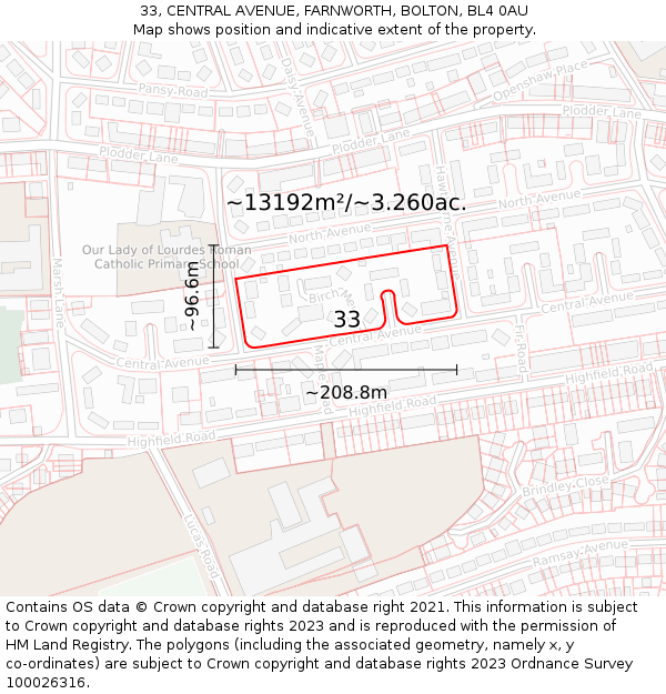 33, CENTRAL AVENUE, FARNWORTH, BOLTON, BL4 0AU: Plot and title map