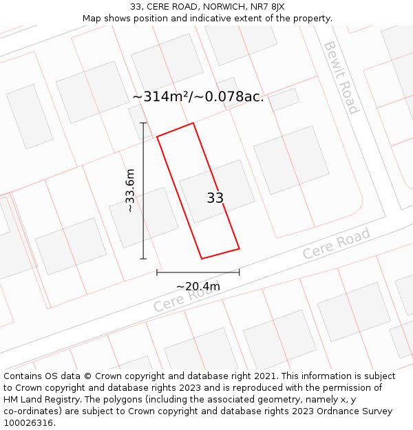 33, CERE ROAD, NORWICH, NR7 8JX: Plot and title map
