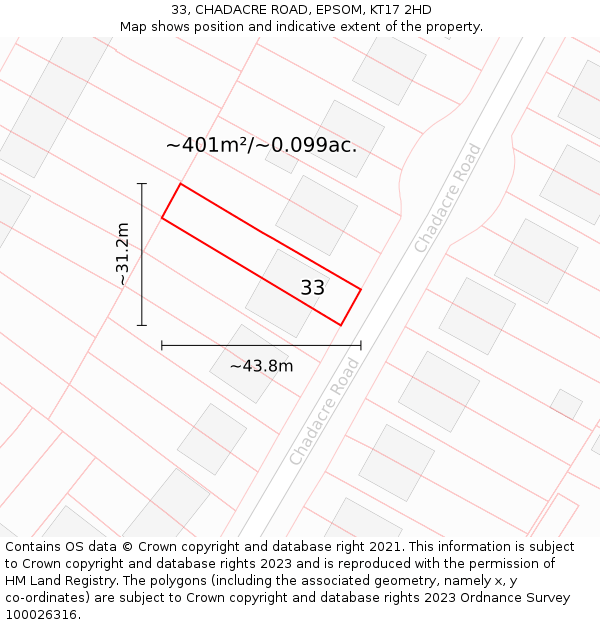 33, CHADACRE ROAD, EPSOM, KT17 2HD: Plot and title map