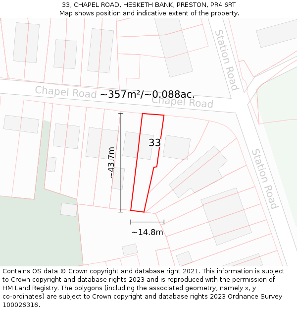 33, CHAPEL ROAD, HESKETH BANK, PRESTON, PR4 6RT: Plot and title map