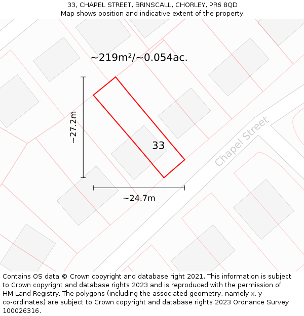 33, CHAPEL STREET, BRINSCALL, CHORLEY, PR6 8QD: Plot and title map
