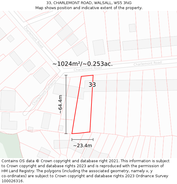33, CHARLEMONT ROAD, WALSALL, WS5 3NG: Plot and title map