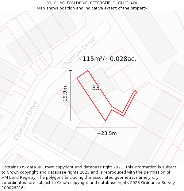 33, CHARLTON DRIVE, PETERSFIELD, GU31 4QL: Plot and title map
