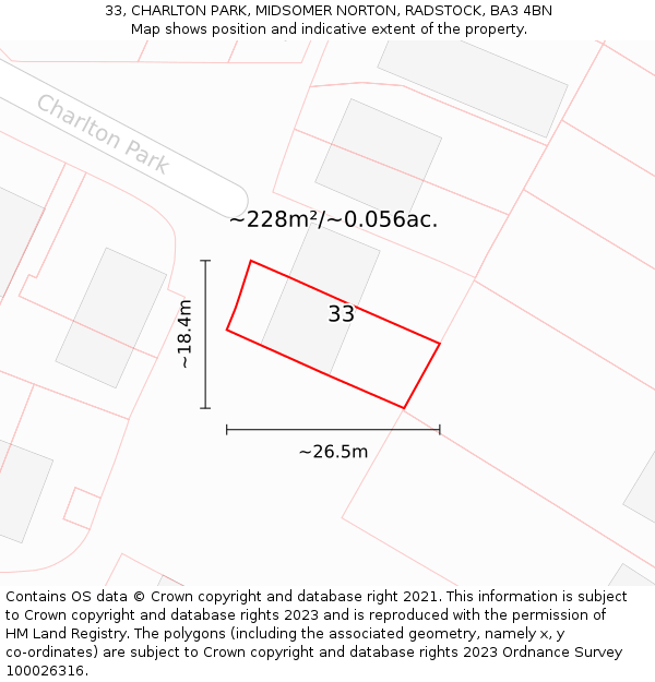 33, CHARLTON PARK, MIDSOMER NORTON, RADSTOCK, BA3 4BN: Plot and title map