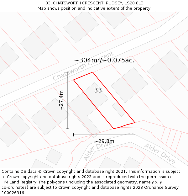 33, CHATSWORTH CRESCENT, PUDSEY, LS28 8LB: Plot and title map