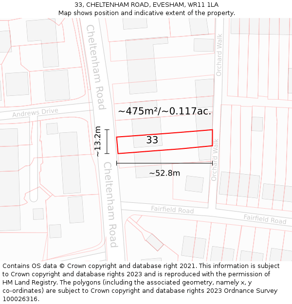 33, CHELTENHAM ROAD, EVESHAM, WR11 1LA: Plot and title map