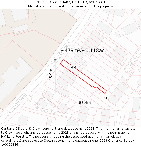 33, CHERRY ORCHARD, LICHFIELD, WS14 9AN: Plot and title map