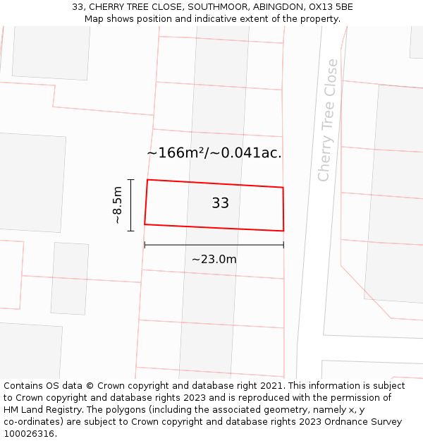 33, CHERRY TREE CLOSE, SOUTHMOOR, ABINGDON, OX13 5BE: Plot and title map