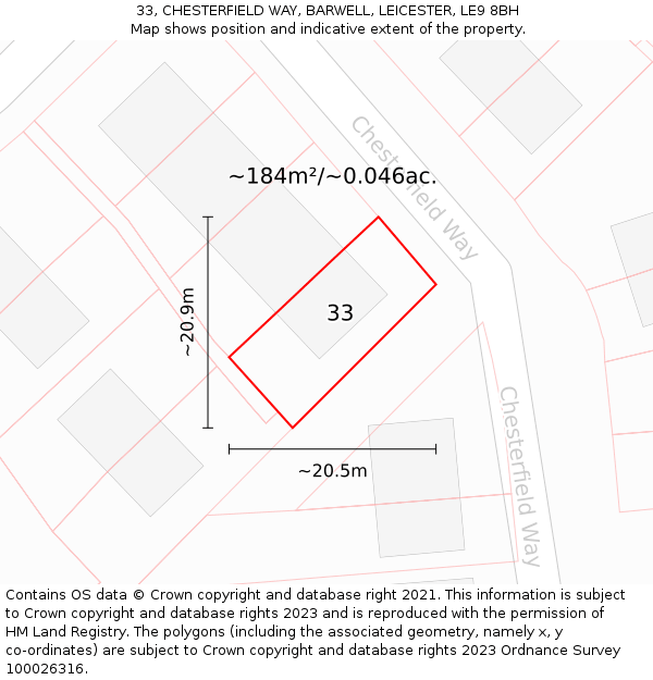 33, CHESTERFIELD WAY, BARWELL, LEICESTER, LE9 8BH: Plot and title map