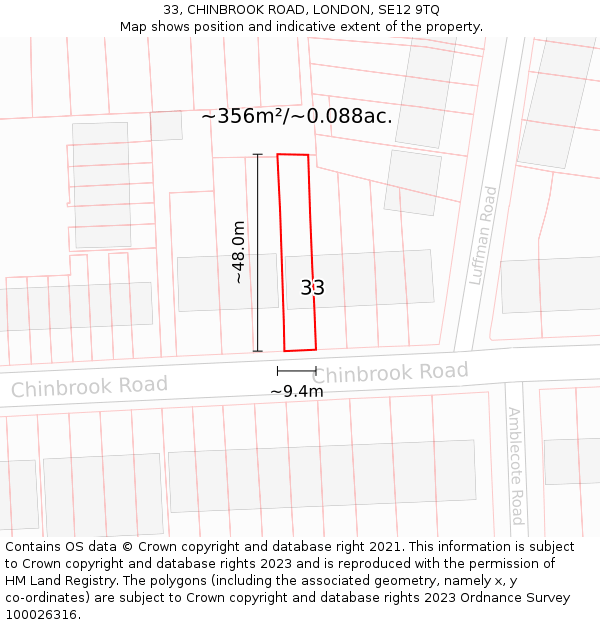 33, CHINBROOK ROAD, LONDON, SE12 9TQ: Plot and title map