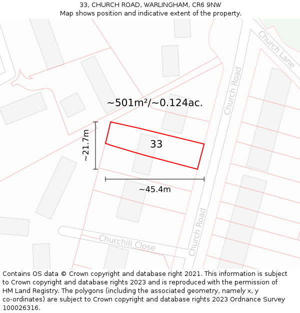 33, CHURCH ROAD, WARLINGHAM, CR6 9NW: Plot and title map