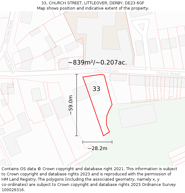 33, CHURCH STREET, LITTLEOVER, DERBY, DE23 6GF: Plot and title map