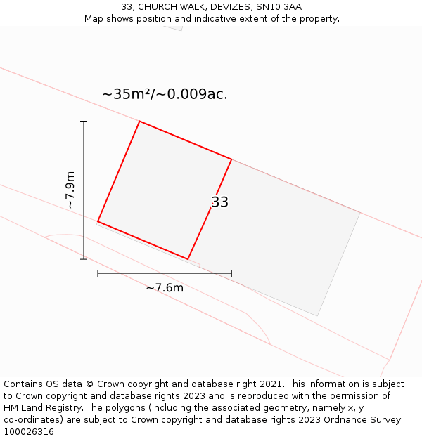 33, CHURCH WALK, DEVIZES, SN10 3AA: Plot and title map