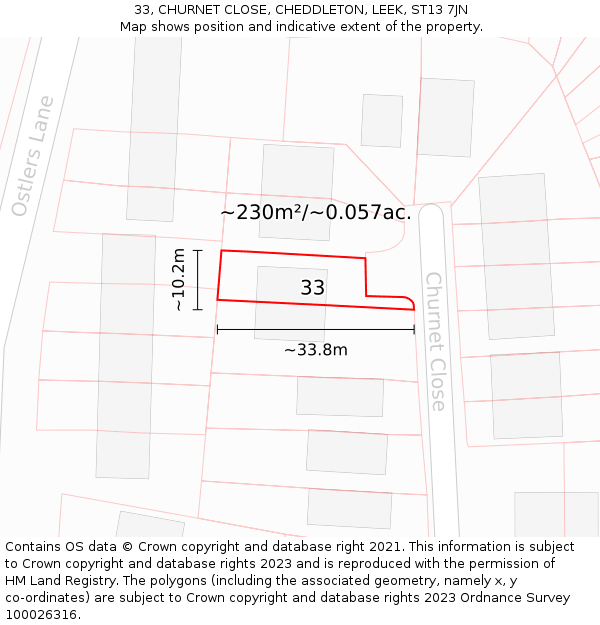 33, CHURNET CLOSE, CHEDDLETON, LEEK, ST13 7JN: Plot and title map