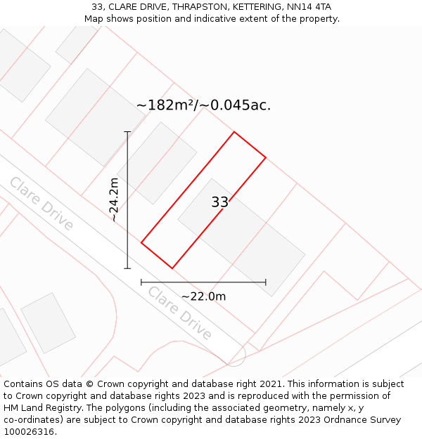 33, CLARE DRIVE, THRAPSTON, KETTERING, NN14 4TA: Plot and title map