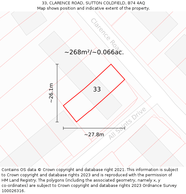 33, CLARENCE ROAD, SUTTON COLDFIELD, B74 4AQ: Plot and title map