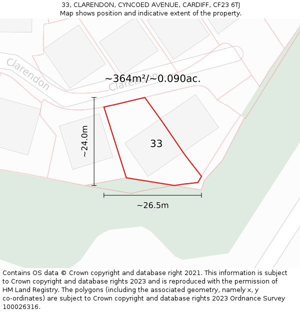 33, CLARENDON, CYNCOED AVENUE, CARDIFF, CF23 6TJ: Plot and title map