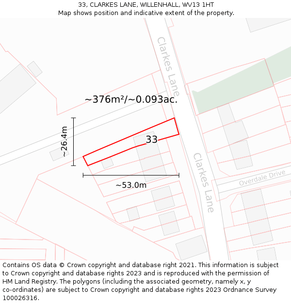 33, CLARKES LANE, WILLENHALL, WV13 1HT: Plot and title map
