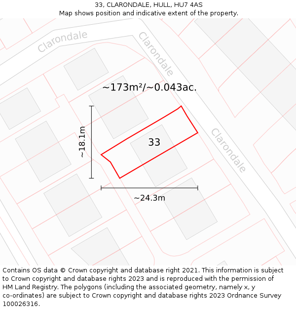 33, CLARONDALE, HULL, HU7 4AS: Plot and title map