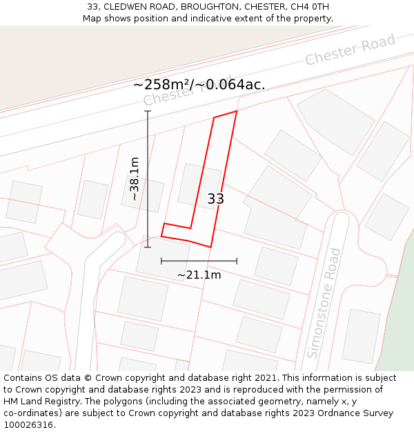 33, CLEDWEN ROAD, BROUGHTON, CHESTER, CH4 0TH: Plot and title map