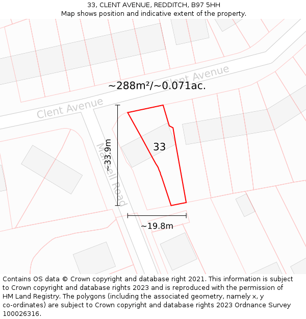 33, CLENT AVENUE, REDDITCH, B97 5HH: Plot and title map