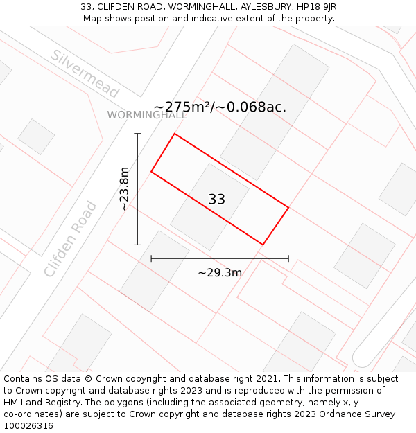 33, CLIFDEN ROAD, WORMINGHALL, AYLESBURY, HP18 9JR: Plot and title map