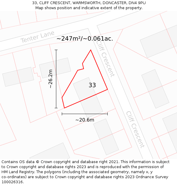 33, CLIFF CRESCENT, WARMSWORTH, DONCASTER, DN4 9PU: Plot and title map